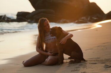 woman holding boxer dog on beach shore
