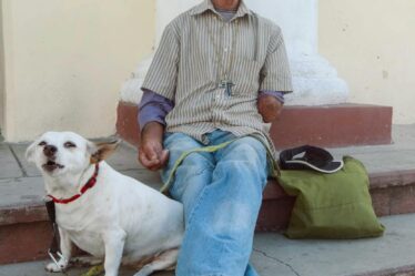 man sitting on steps with a dog and smoking a cigar