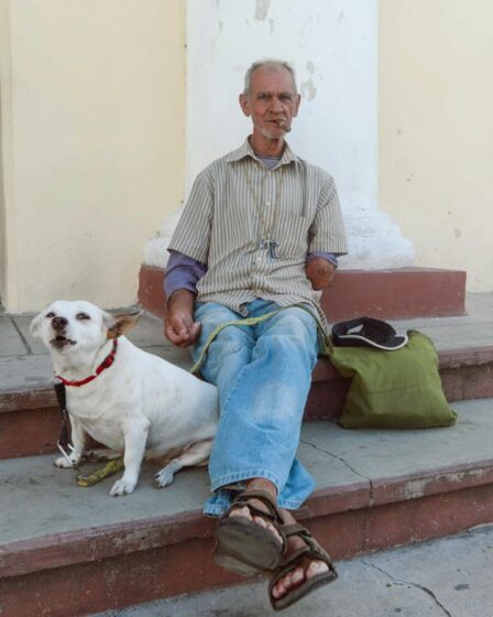 man sitting on steps with a dog and smoking a cigar